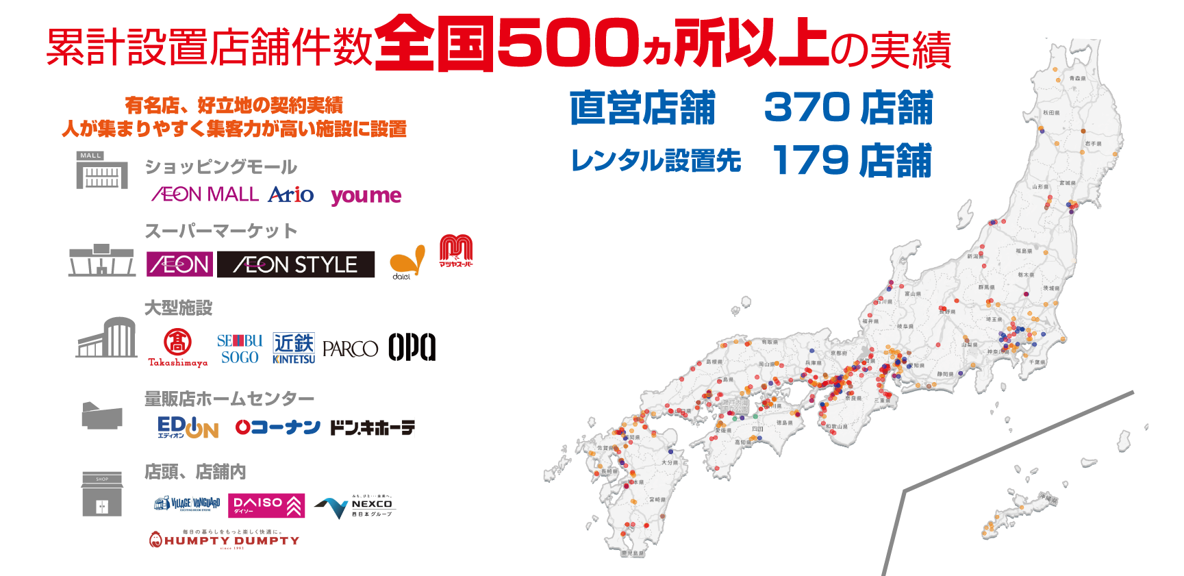 累計設置店舗数全国500ヶ所以上の実績